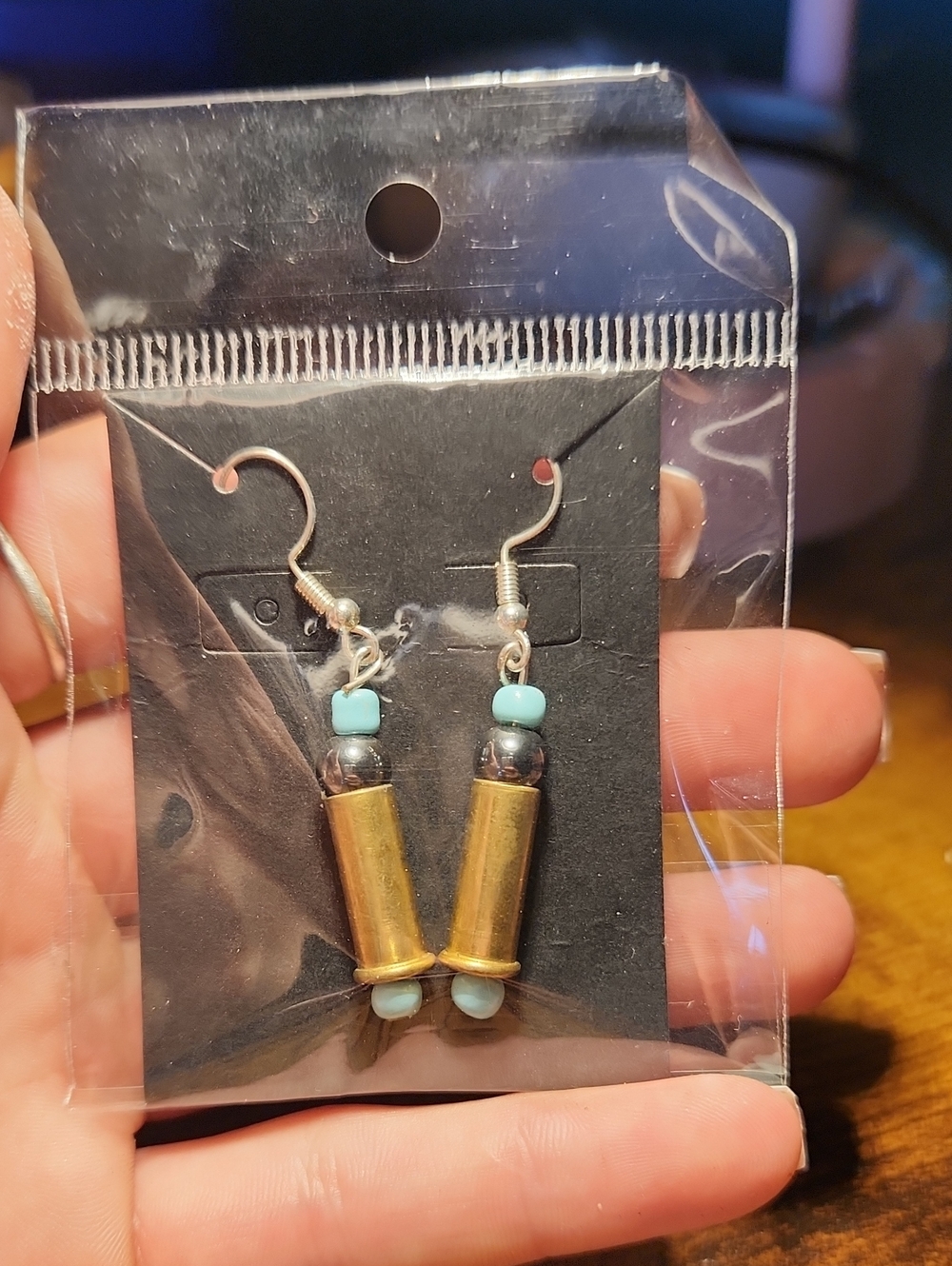 Turquoise Accent Brass Bullet Drop Earrings